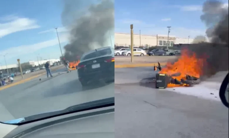 Una motocicleta se incendió tras un percance en la avenida De las Torres y Bravos, en Ciudad Juárez. El conductor resultó lesionado y ciudadanos lograron sofocar el fuego con un extintor.