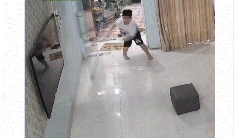 El pequeño, identificado como Laddu, empujó con fuerza la puerta y provocó que el vidrio se quebrara; por fortuna resultó ileso.