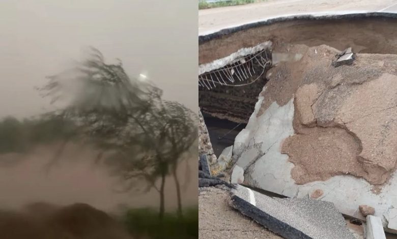 El fuerte temporal provocó inundaciones, deslaves y un enorme socavón que obligó al cierre total de la carretera entre el Ejido Ley Seis de Enero y Puerto Palomas de Villa; autoridades mantienen un operativo de atención a las familias afectadas.
