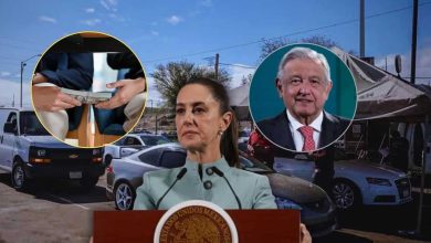 Composición sobre autos chocolate con Claudia Sheinbaum, Andrés Manuel López Obrador y vehículos usados