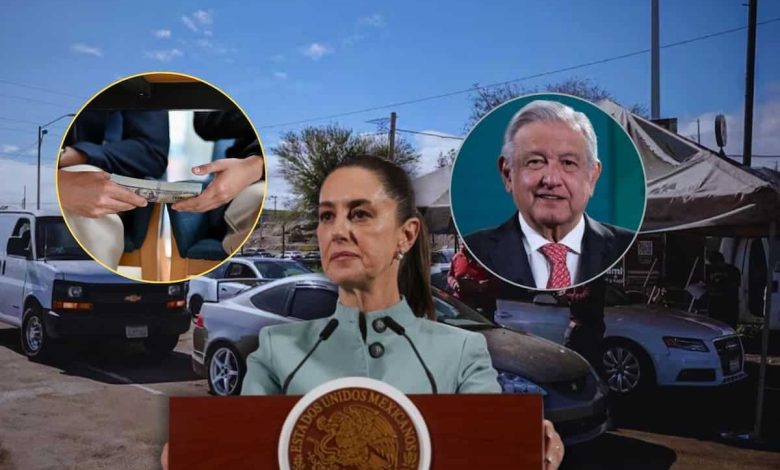 Composición sobre autos chocolate con Claudia Sheinbaum, Andrés Manuel López Obrador y vehículos usados