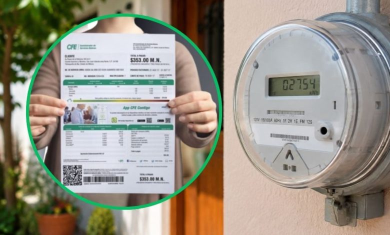 Medidor eléctrico junto a un recibo de luz de la CFE para solicitar el cambio de titular