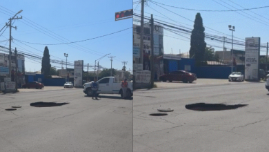 El pavimento colapsó de repente... una camioneta terminó atrapada en pleno cruce de De la Raza.