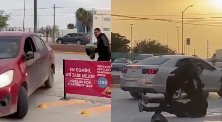 Conductor y motociclista durante una pelea frente a la UTCJ en Ciudad Juárez