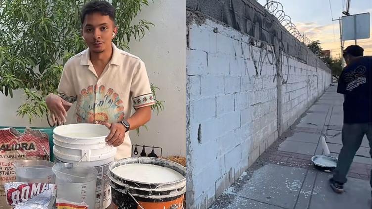 Barda de la primaria Nigromante pintada con una mezcla casera de cal y nopal en Ciudad Juárez