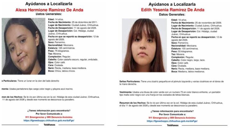 Alerta de búsqueda de las hermanas Edith Yesenia y Alexa Hermione Ramírez De Anda