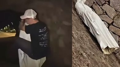 Captura de video con una persona junto a una figura blanca y la estatua de la Virgen María vandalizada en el suelo en Francia