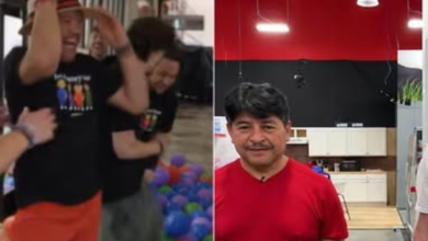 Juan García celebra junto a integrantes del equipo de MrBeast durante el día 202 del reto en un supermercado