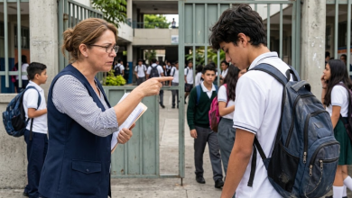 Entrada de una escuela relacionada con el caso de un alumno enviado a casa por incumplir las reglas del uniforme